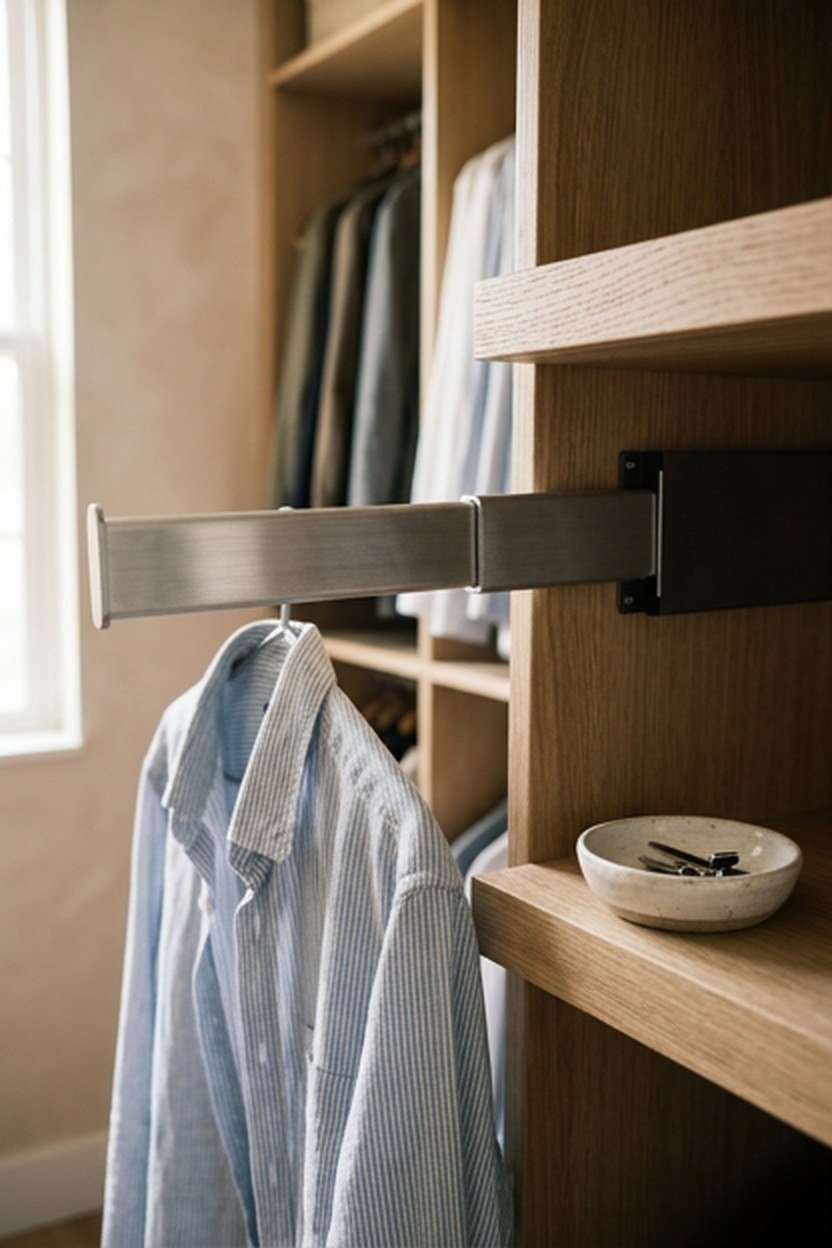 A pull-out valet rod holding a planned outfit in a closet