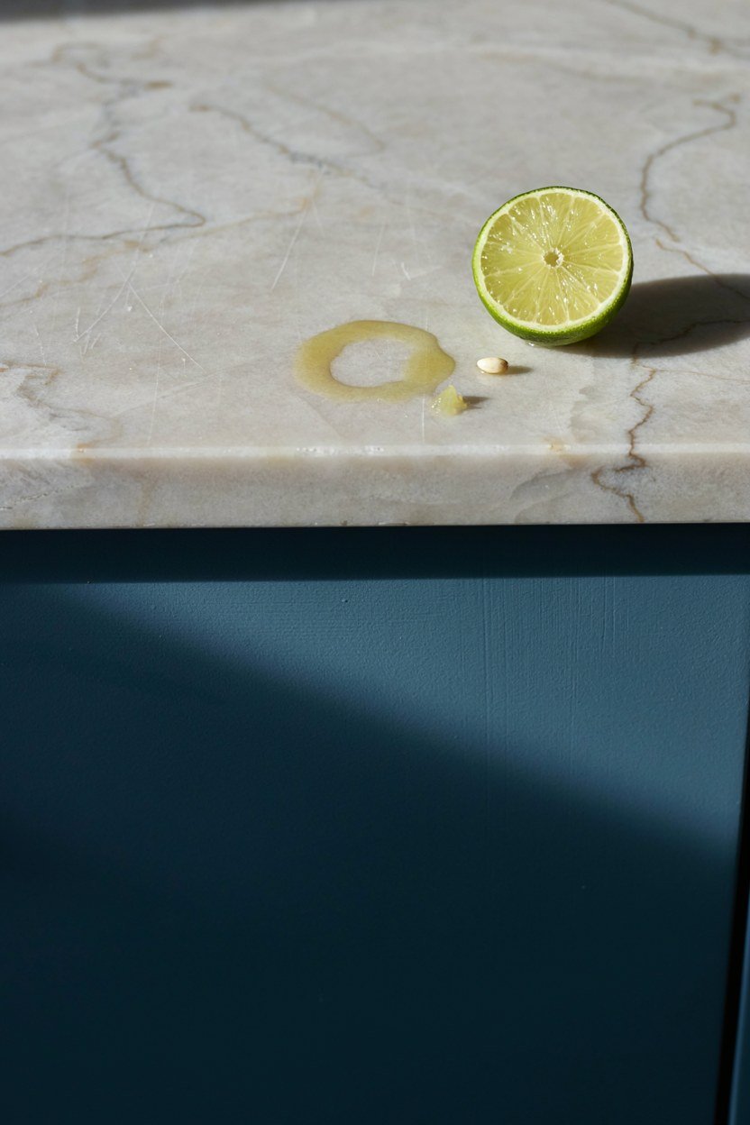 Pale quartzite bar top meeting a midnight blue cabinet front