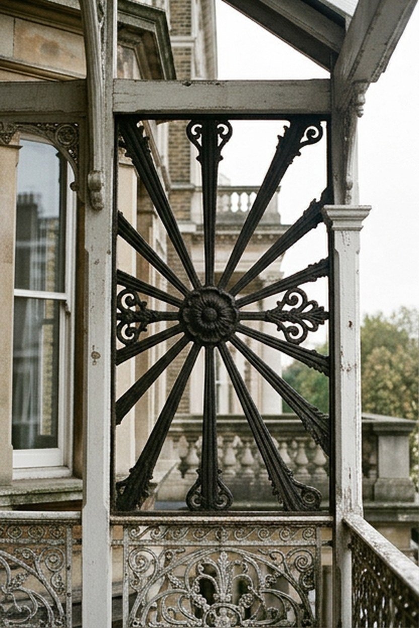 A Queen Anne style sunburst panel on a Victorian balcony grill