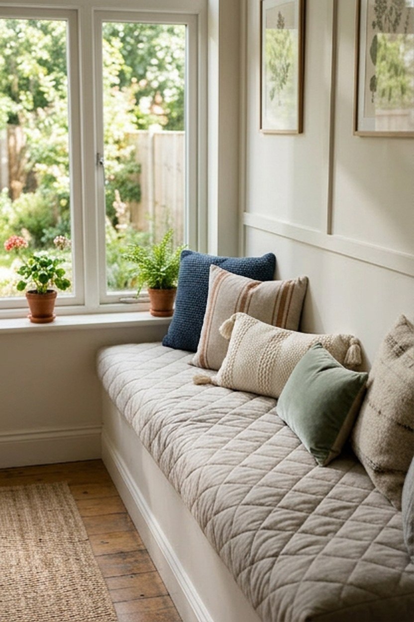 A quilted padded bench positioned along a sunroom wall