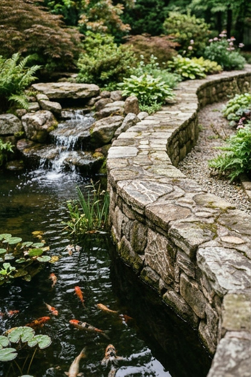 Raised fieldstone edging beside a koi pond waterfall