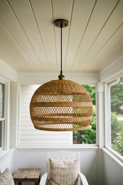 A single natural rattan pendant light hanging above a white porch