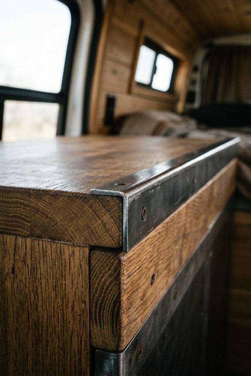 A raw steel edge banding a wood butcher block counter in a van