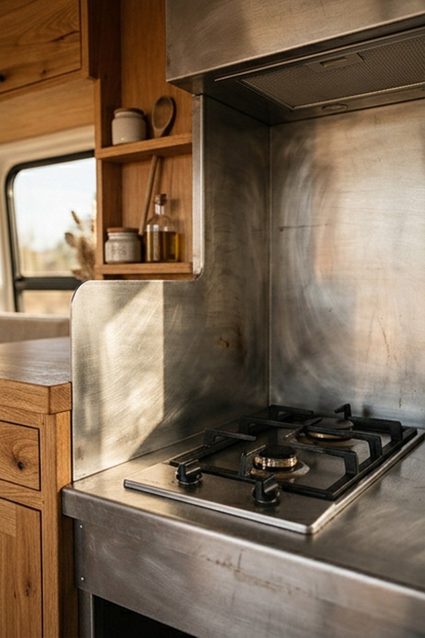 A raw steel stove surround and backsplash in a van kitchen
