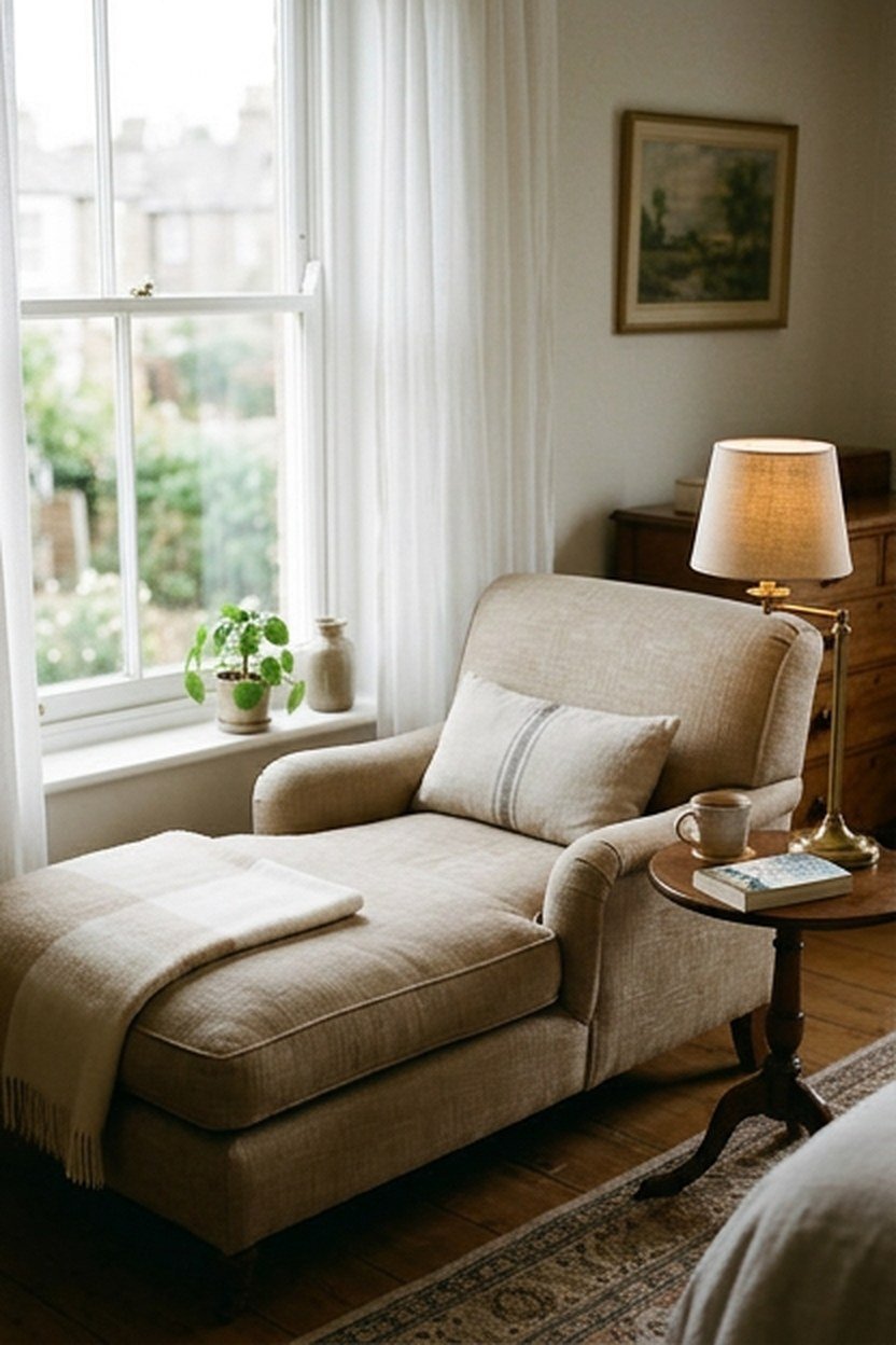A dedicated reading nook with a chaise in a luxury bedroom