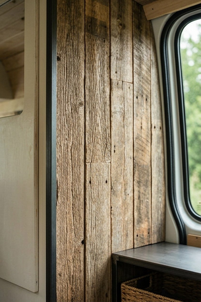 A reclaimed wood accent wall with steel trim inside a van