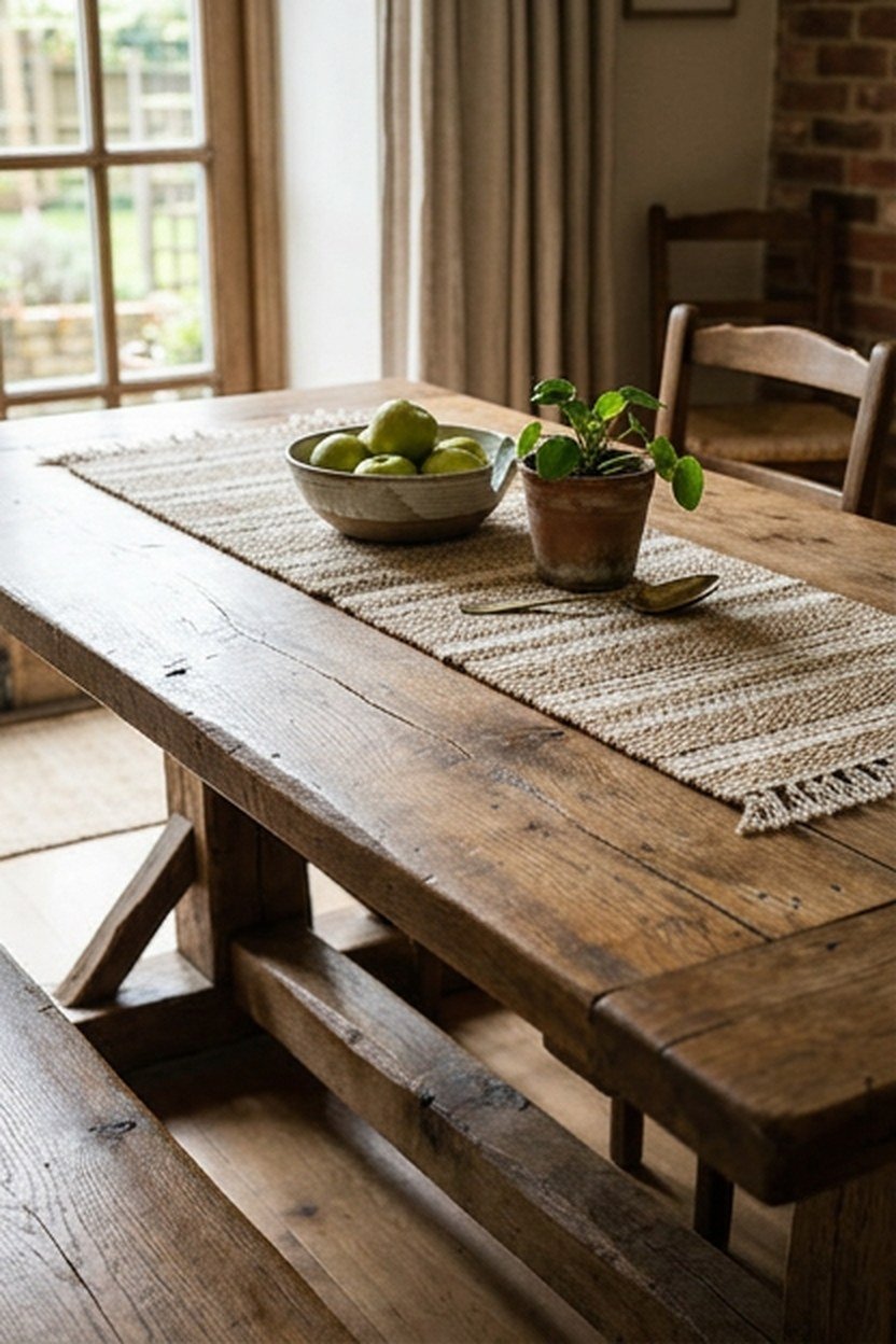A reclaimed wood dining table with a sturdy trestle base