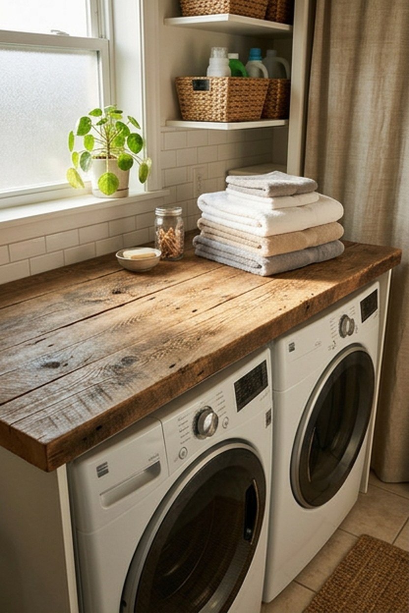 A reclaimed wood folding counter built above a washer and dryer