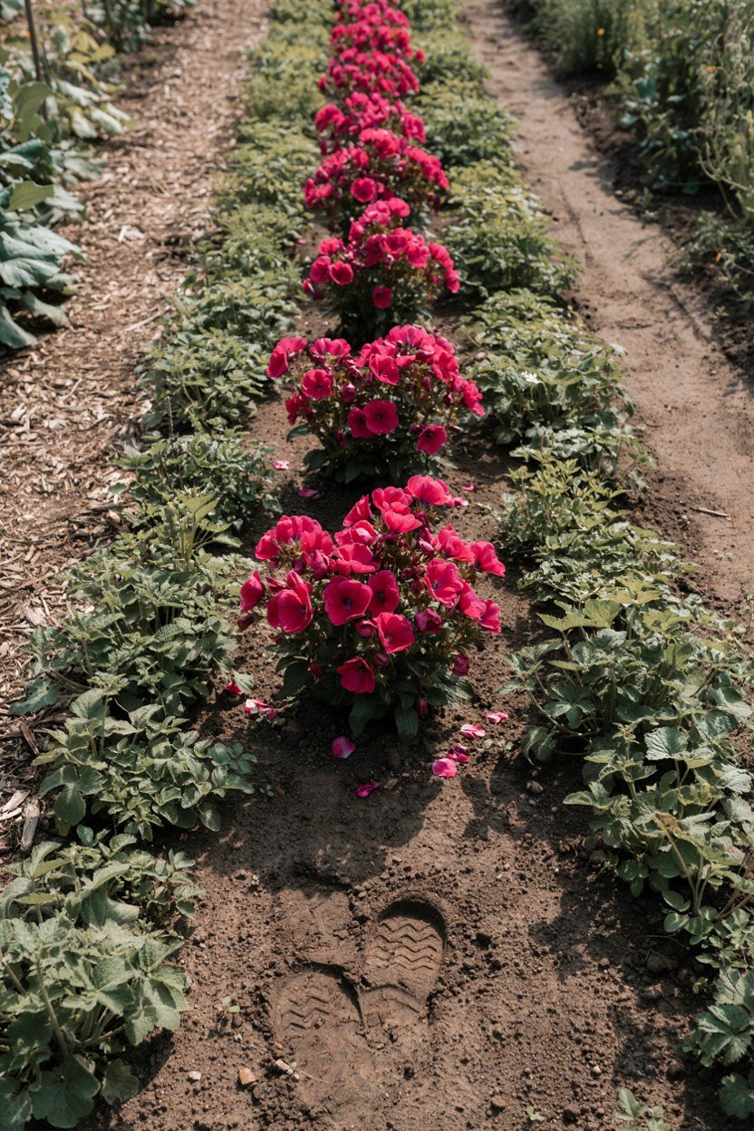 The same magenta flower repeating in uneven groups down the length of a planted bed