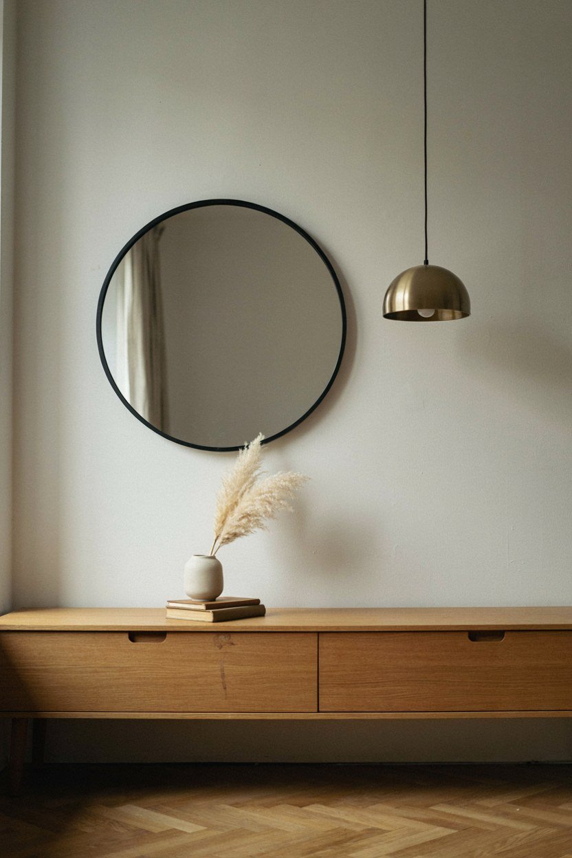 Round pendant, round mirror and round table repeating a shape