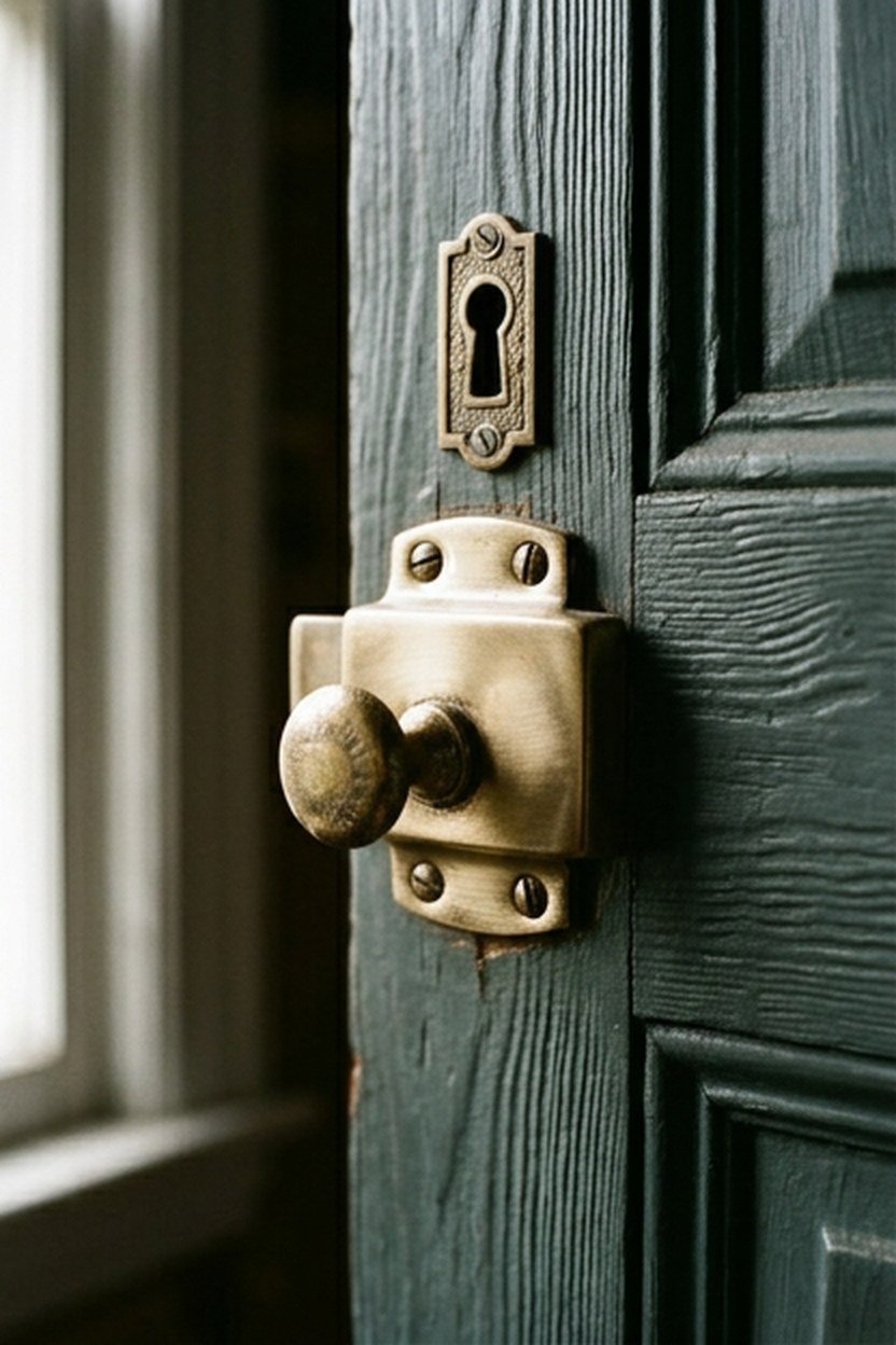 Restored original brass hardware on a Victorian attic door