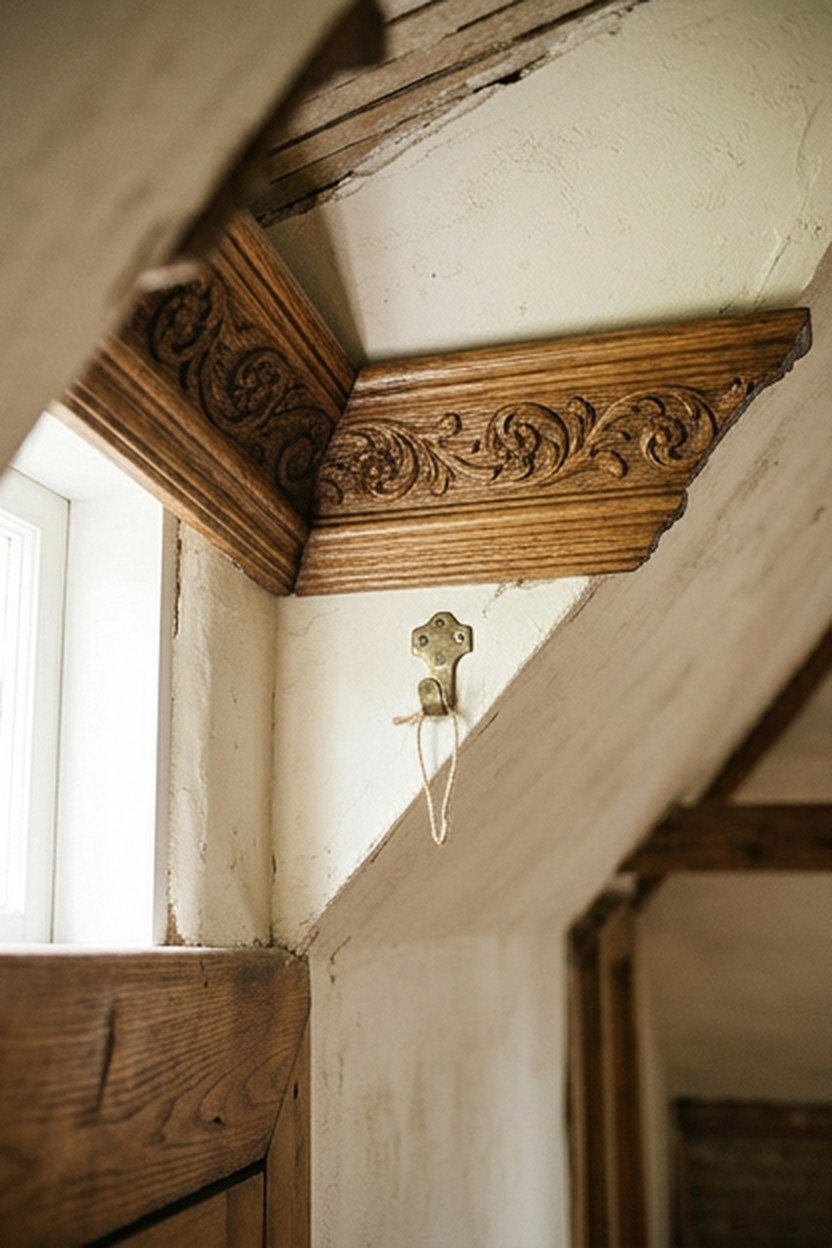 Restored decorative millwork and trim in a Victorian attic