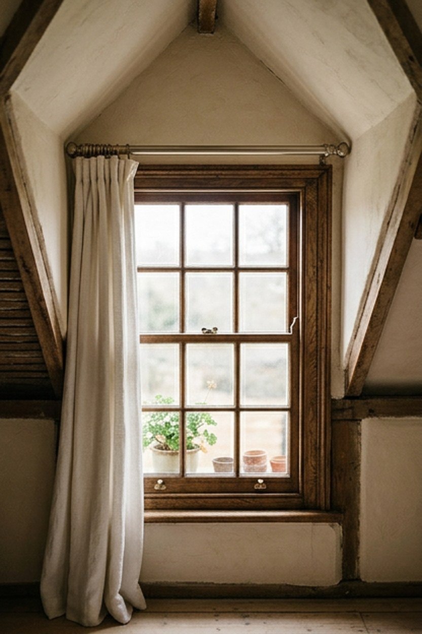 A restored original dormer window in a Victorian attic