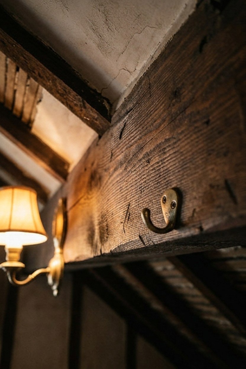 Restored original exposed beams in a Victorian attic ceiling