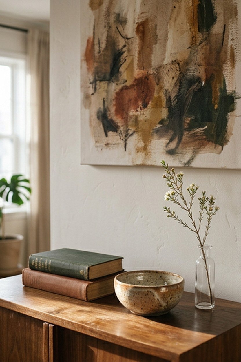 Restrained decor of books, a ceramic bowl and one artwork in a warm minimalist living room