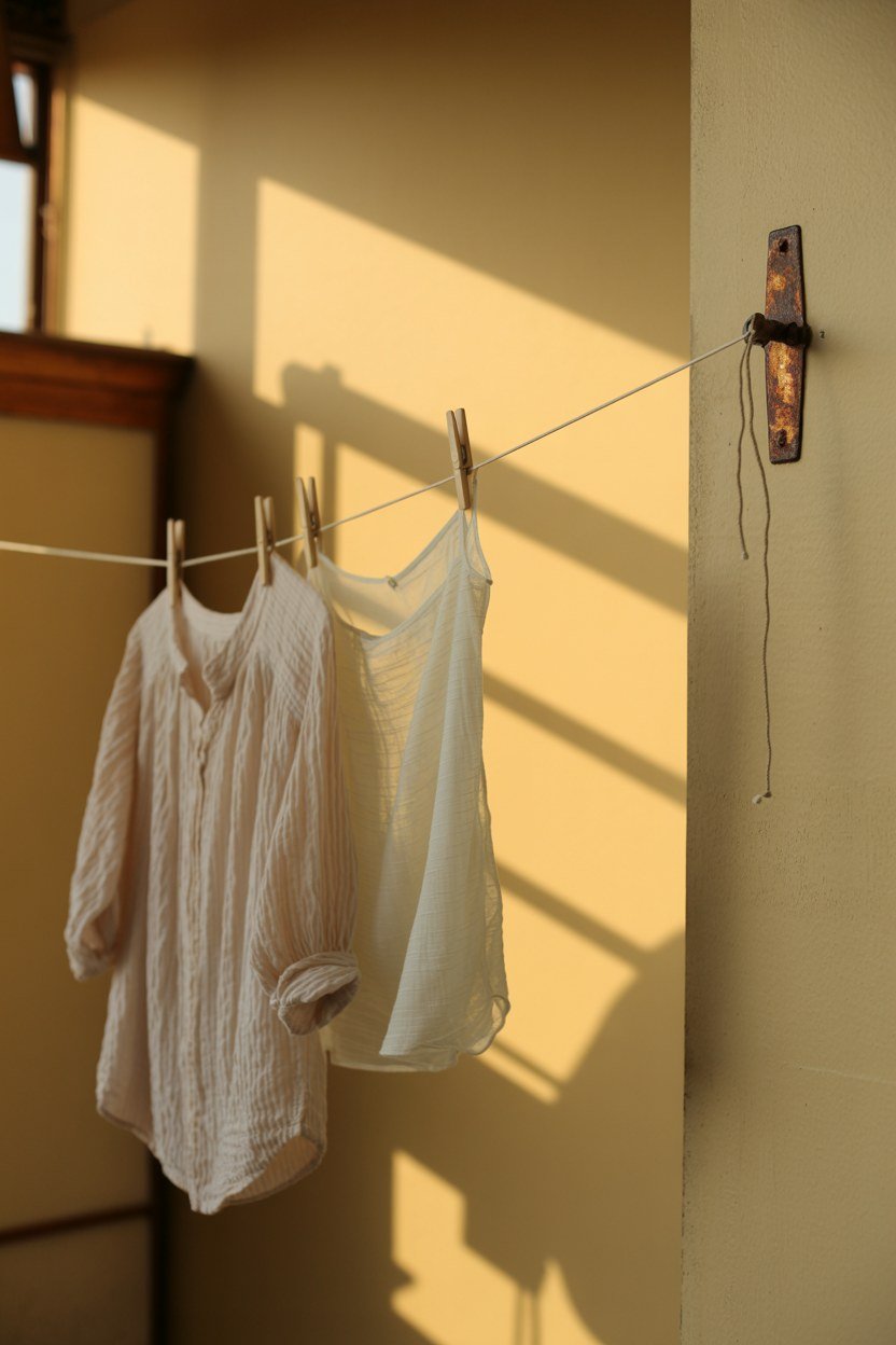 A retractable clothesline extended across a laundry room holding delicates