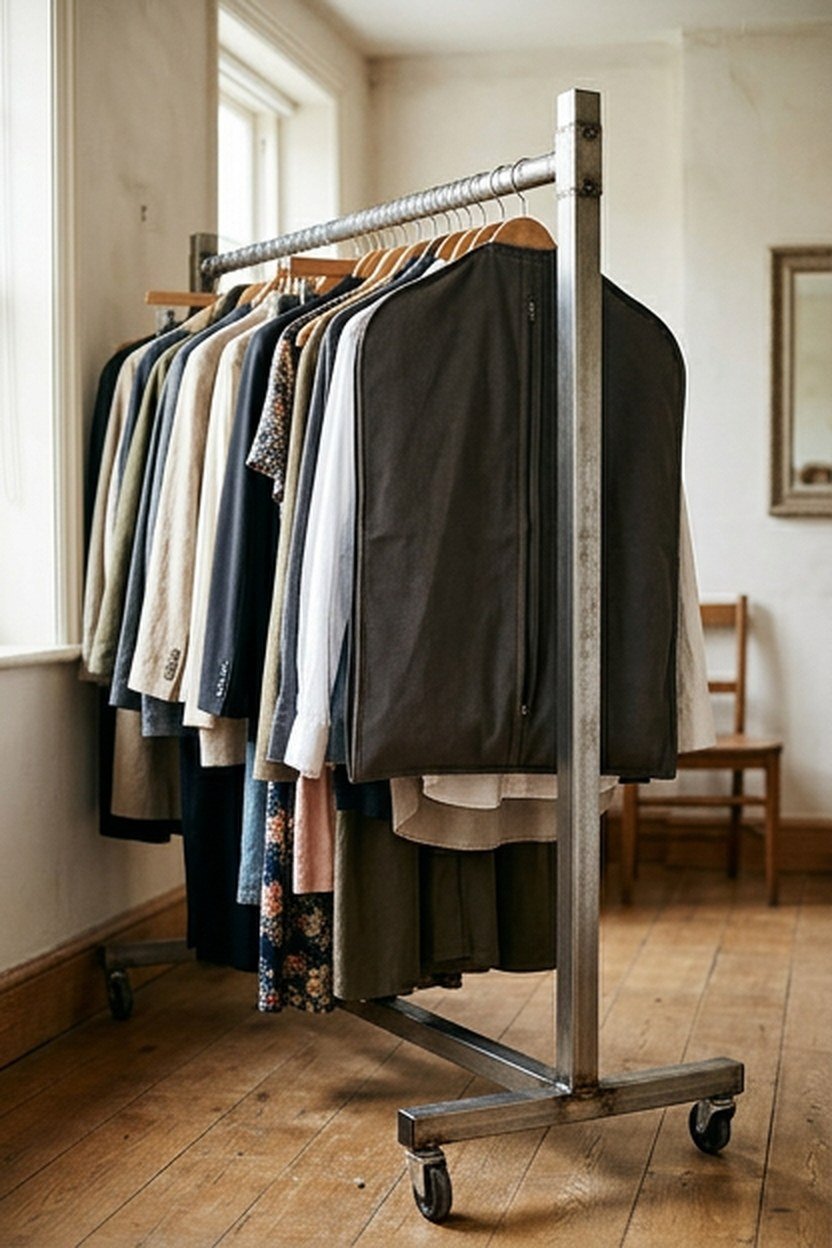 A rolling garment rack holding overflow clothes in a dressing room