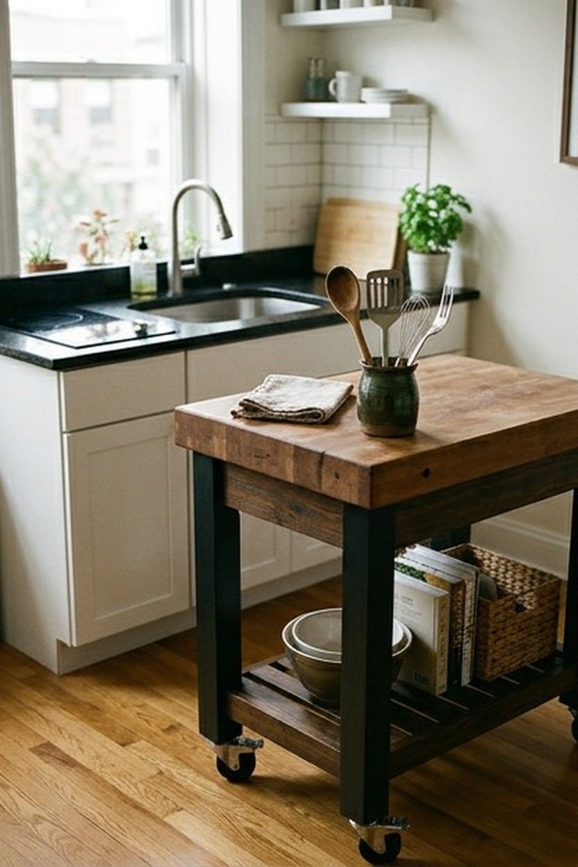 A rolling kitchen island adding counter space in a studio kitchen