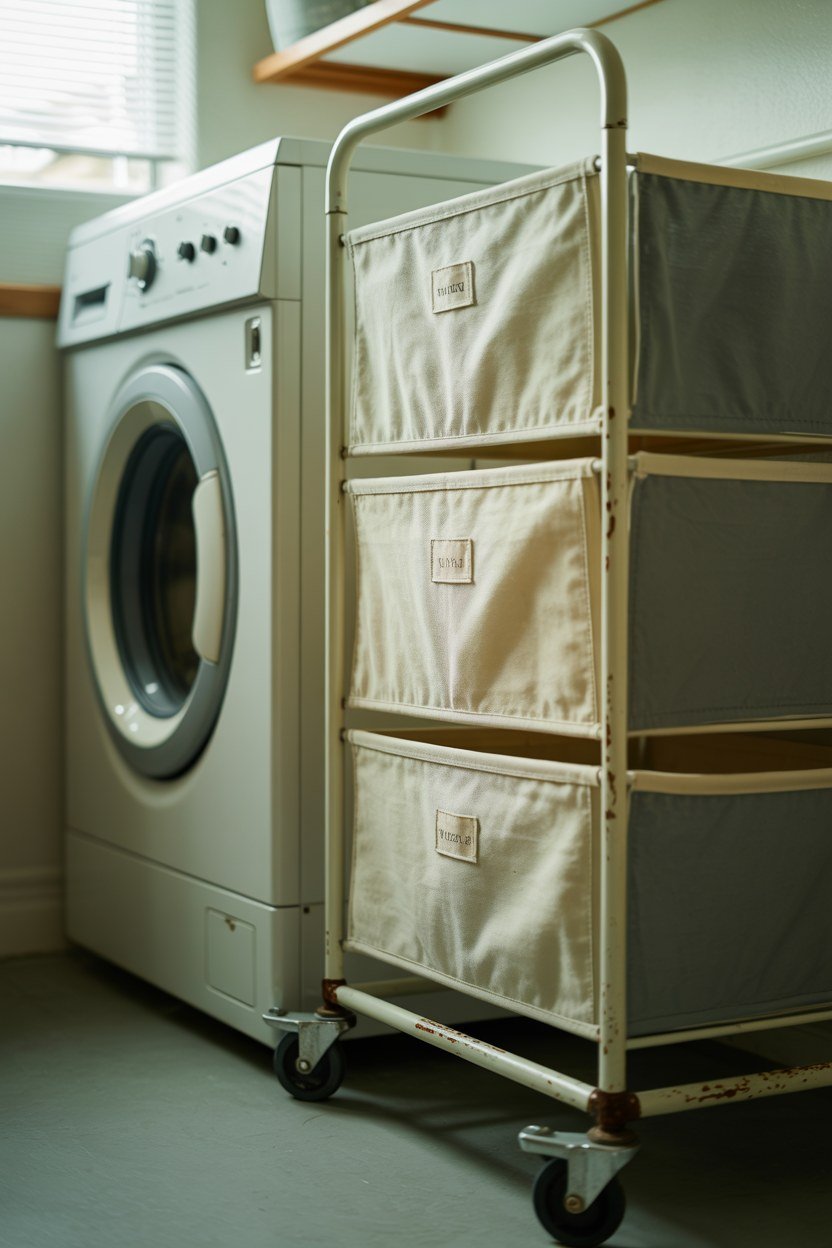 A canvas three bin laundry sorter on wheels beside a washing machine