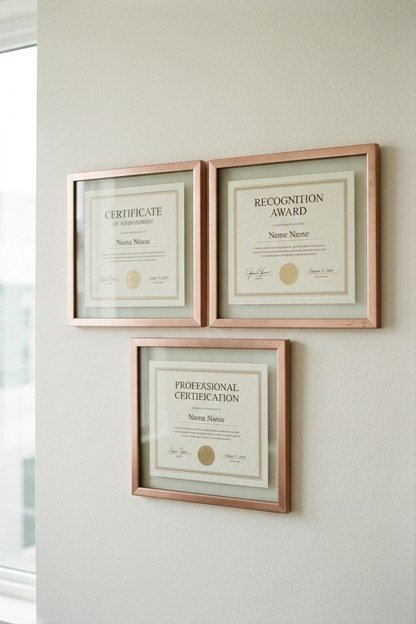 Matching rose gold frames displaying certificates on a studio wall