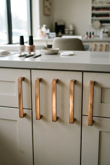Rose gold drawer pulls fitted to pale cabinetry in a nail studio