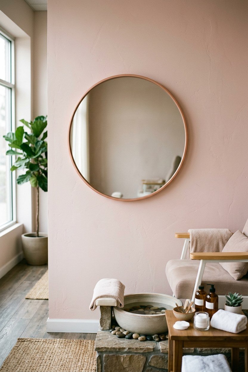 A slim rose gold framed mirror mounted beside a nail studio station