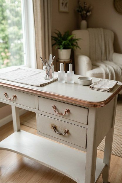 A manicure table with rose gold trim and drawer hardware