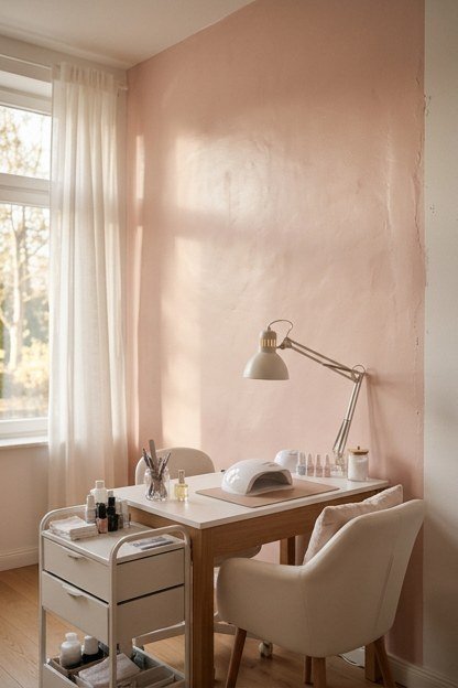 Rose gold open shelving displaying nail polish bottles by colour