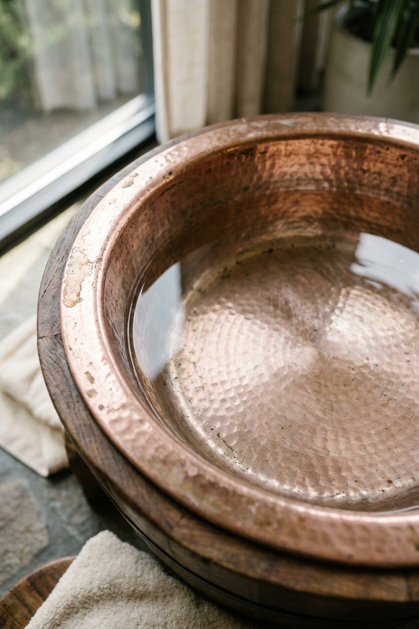 A rose gold finished pedicure basin insert catching warm light