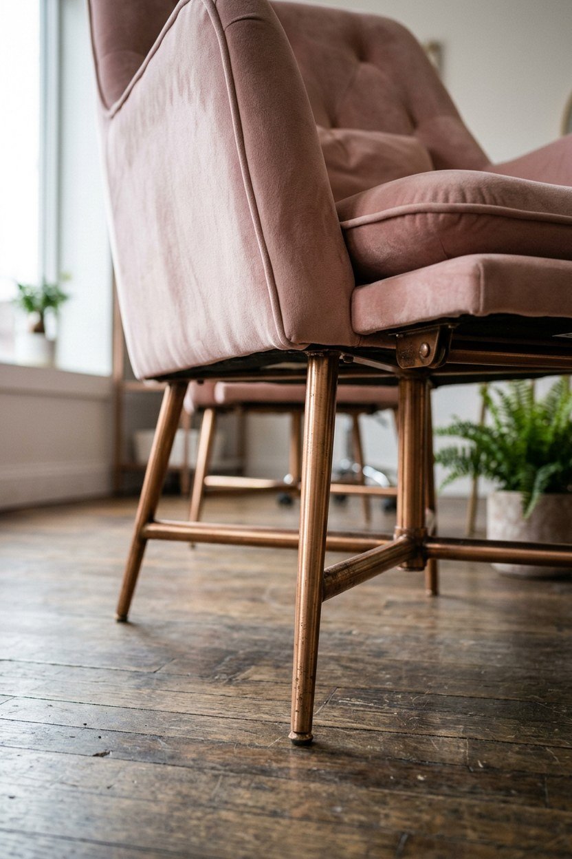 A blush pedicure chair with rose gold legs and armrest trim