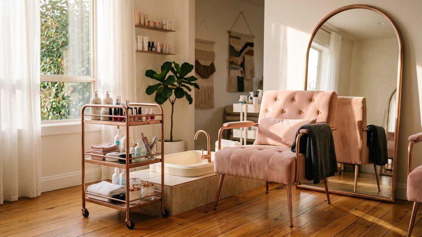 A luxe nail studio pedicure station with rose gold hardware and a blush chair
