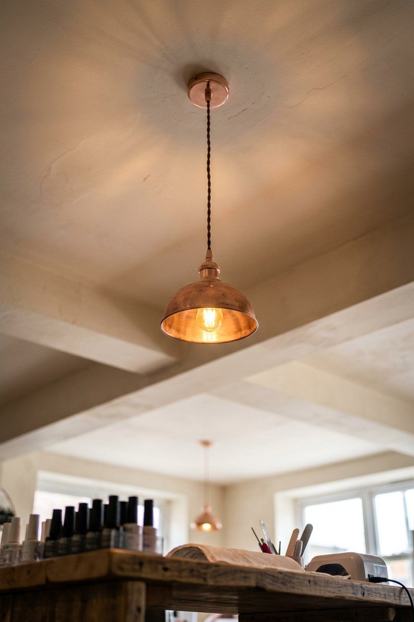 A rose gold pendant light glowing warm above a nail studio station