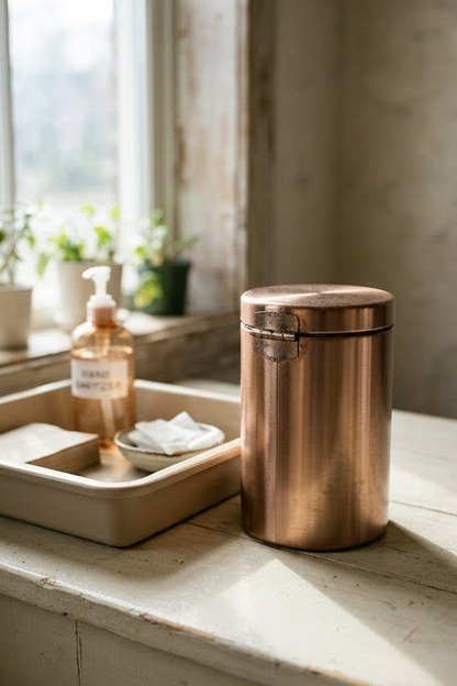 A rose gold lidded container at a sanitisation station in a nail studio