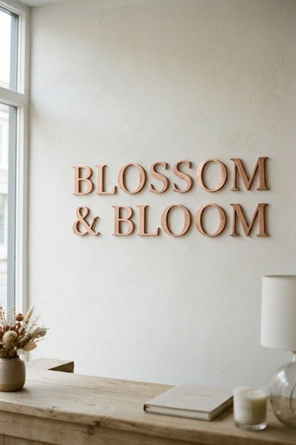 Rose gold lettering signage above a nail studio reception desk