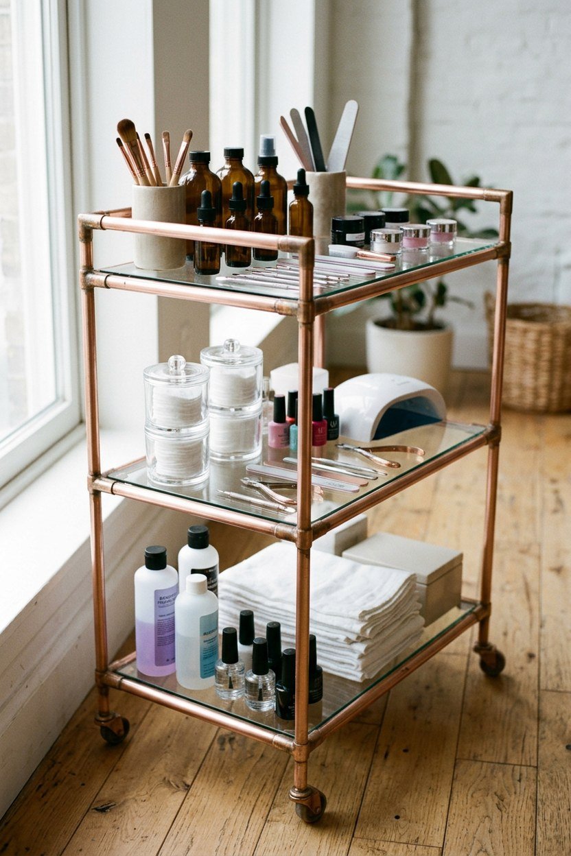 A rose gold framed trolley cart holding nail tools in tiered trays