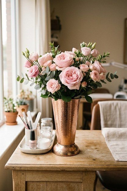 A rose gold vase holding fresh florals beside a nail station