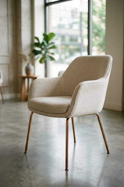 A waiting area chair with rose gold legs in a nail studio