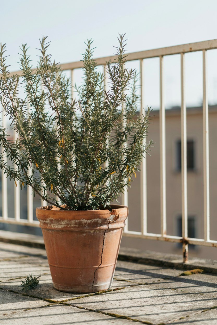 Established rosemary growing in a large balcony pot