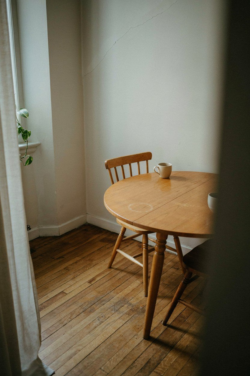 Round pedestal dining table tucked into a small room corner