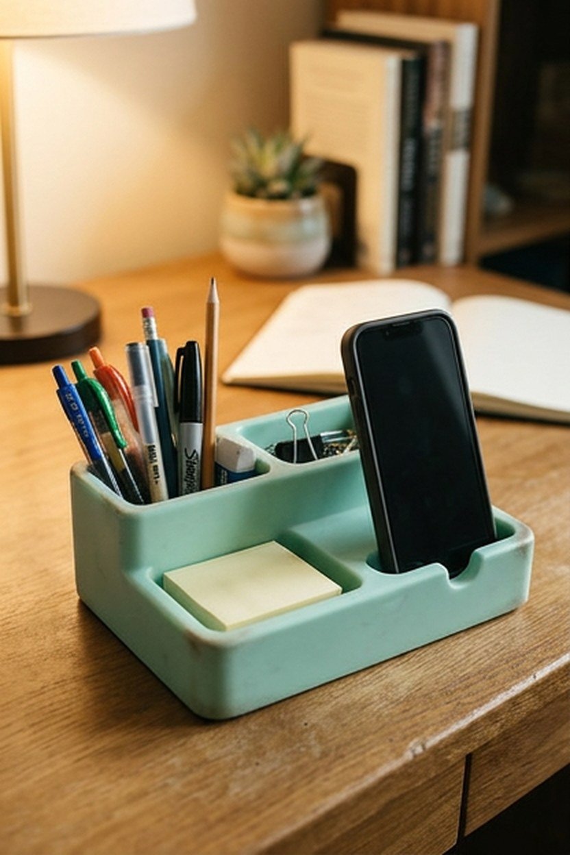 A rounded multi compartment pastel desk caddy holding pens sticky notes and a phone slot