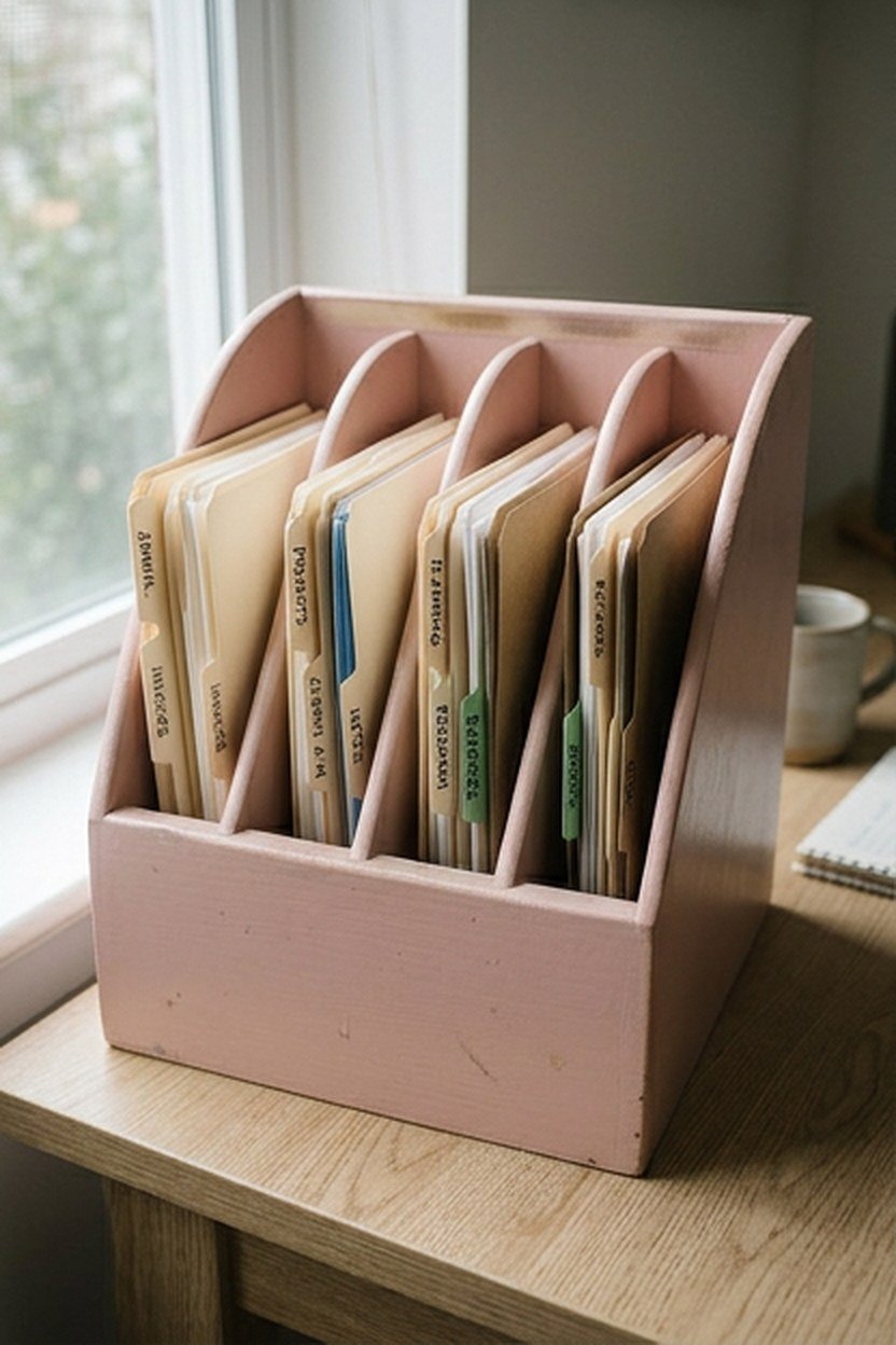 A rounded pastel file sorter holding labeled folders upright on a desk