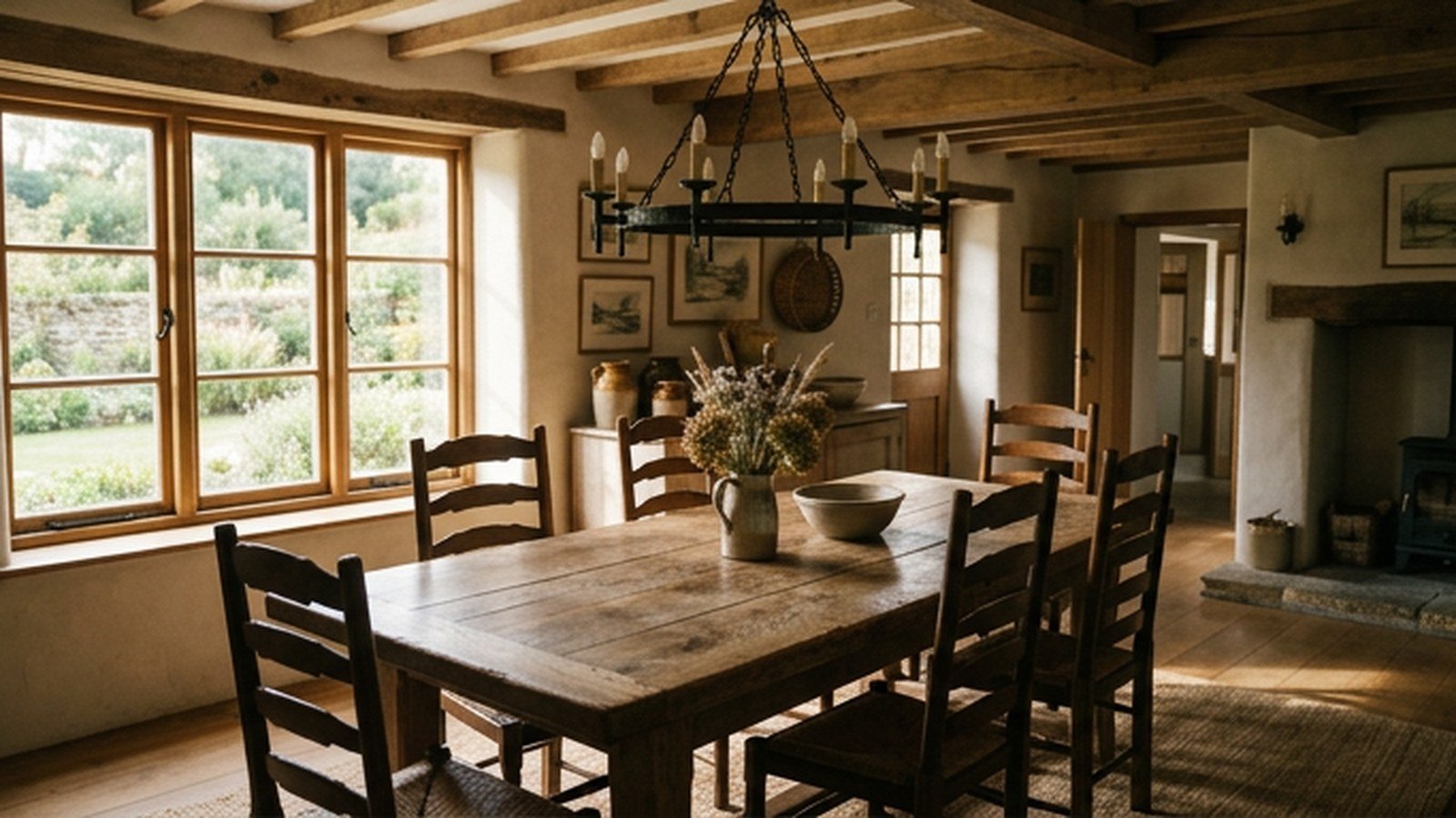 A rustic farmhouse dining room with a reclaimed wood table and iron chandelier