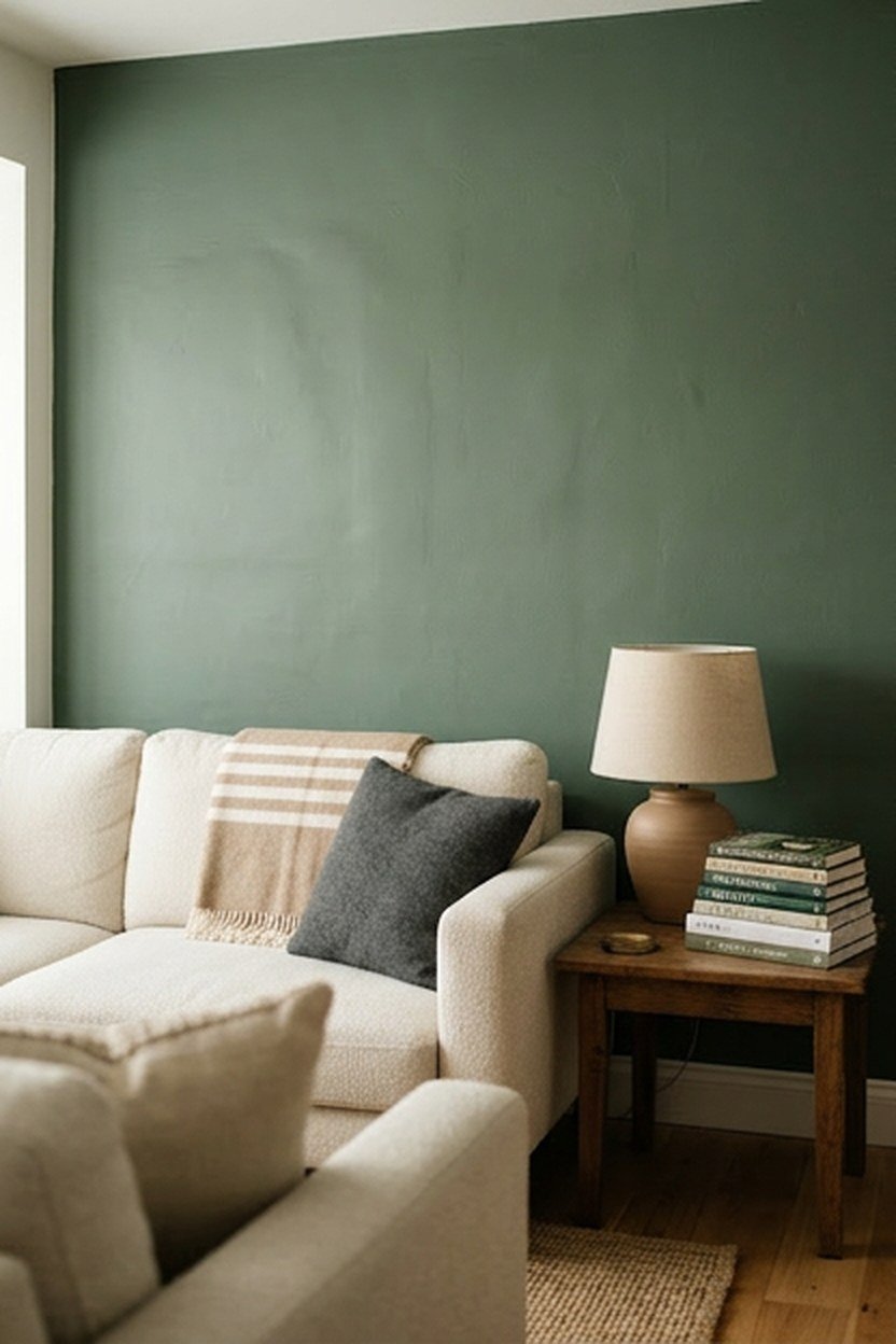 A sage green accent wall behind a sofa in a small living room