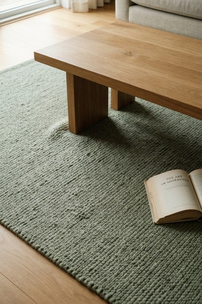 A sage green area rug anchoring a small living room seating area