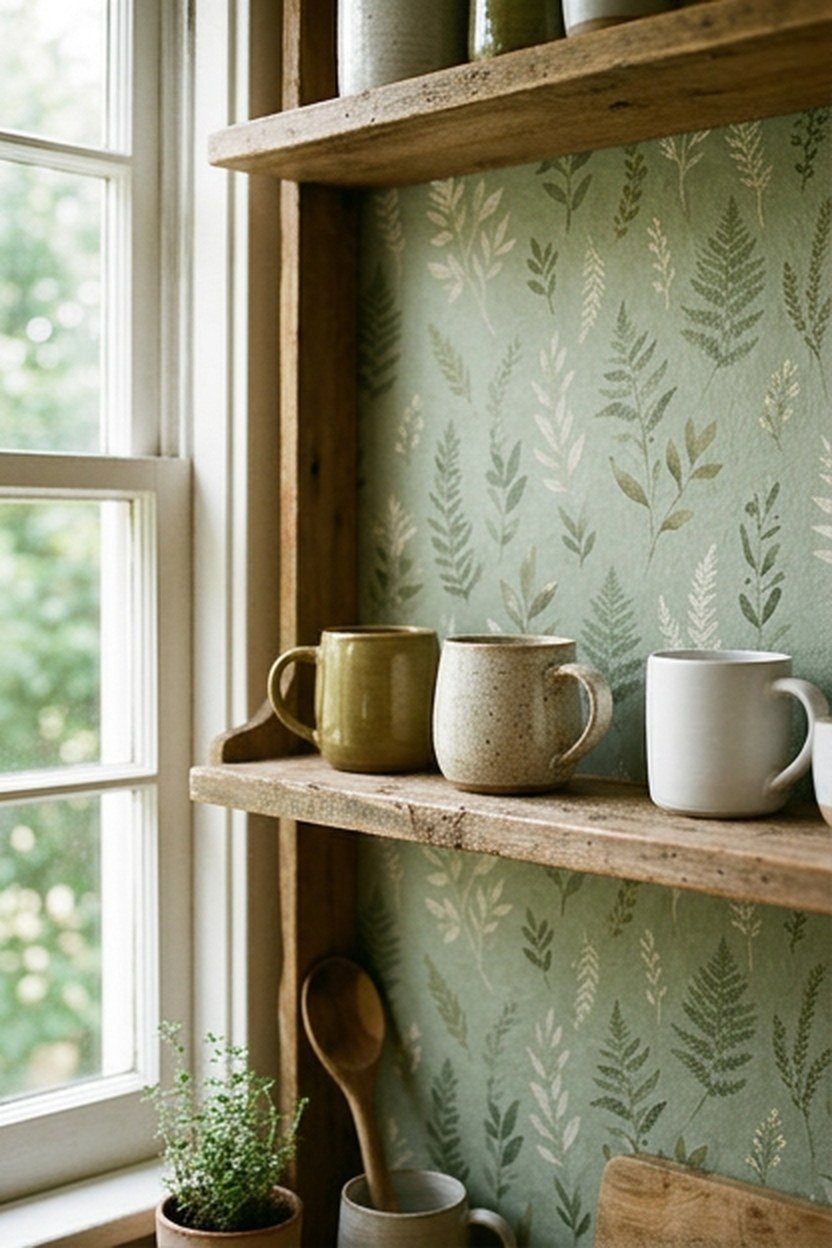 Sage green botanical wallpaper as a kitchen accent wall