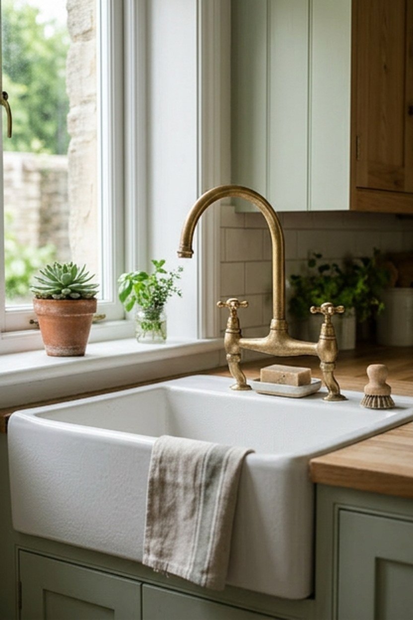 Sage green cabinets paired with brass mixed metal accents in a kitchen