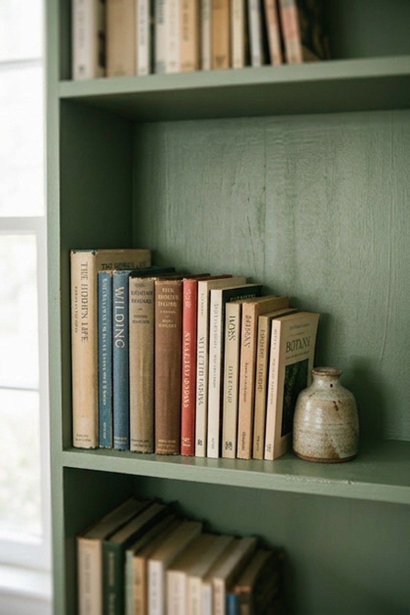 Sage green painted built-in shelving in a small living room