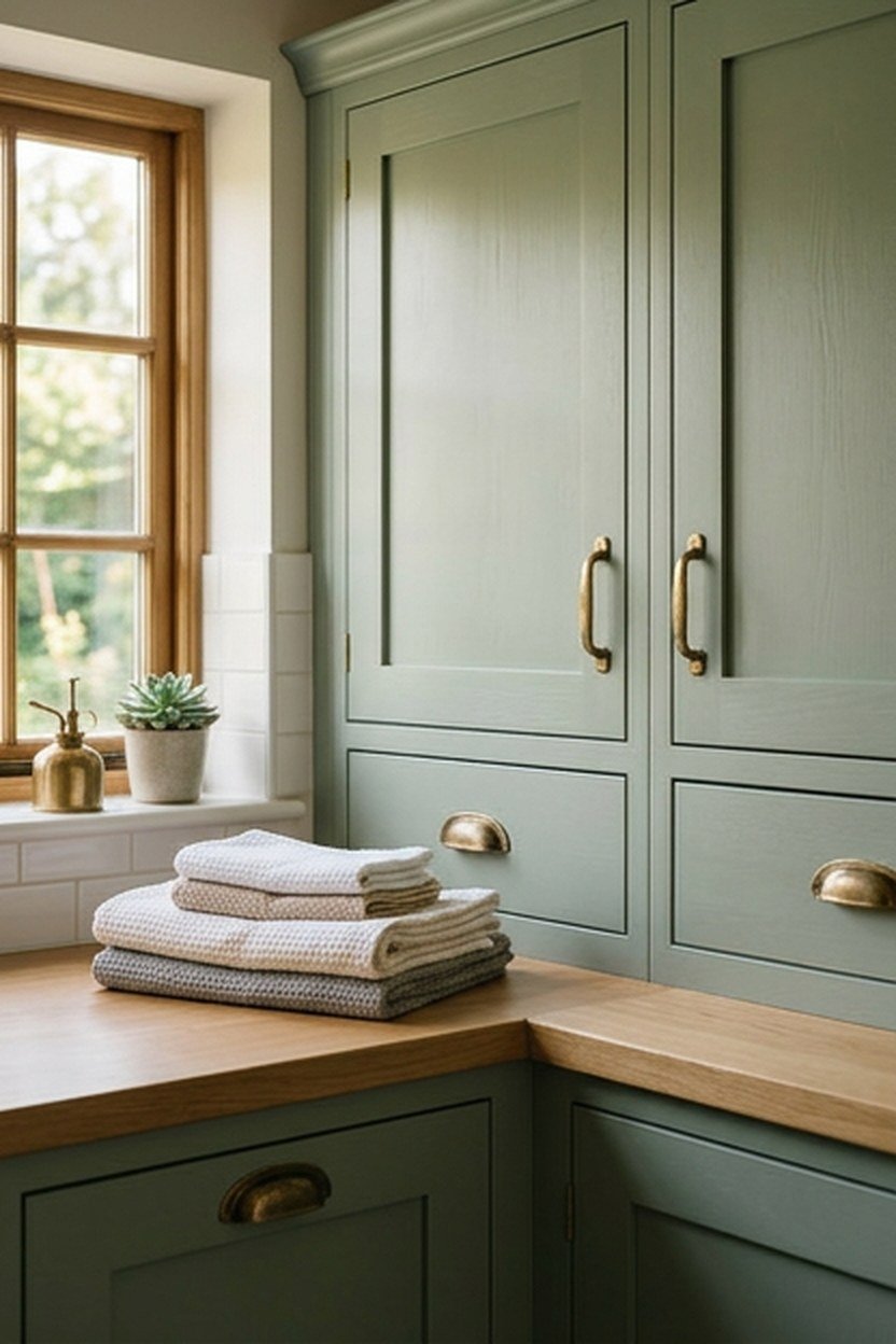 Sage green cabinetry with brass hardware in a laundry room