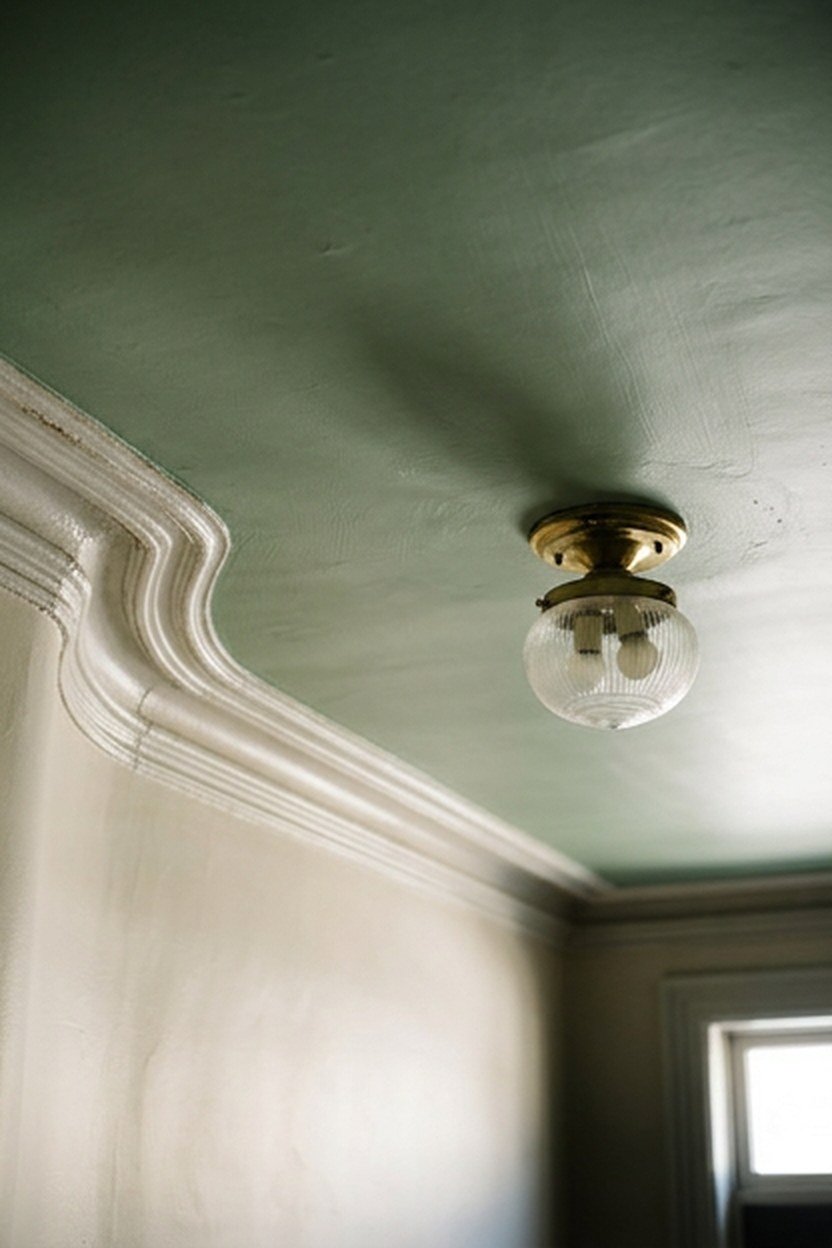 A sage green painted ceiling in a small living room