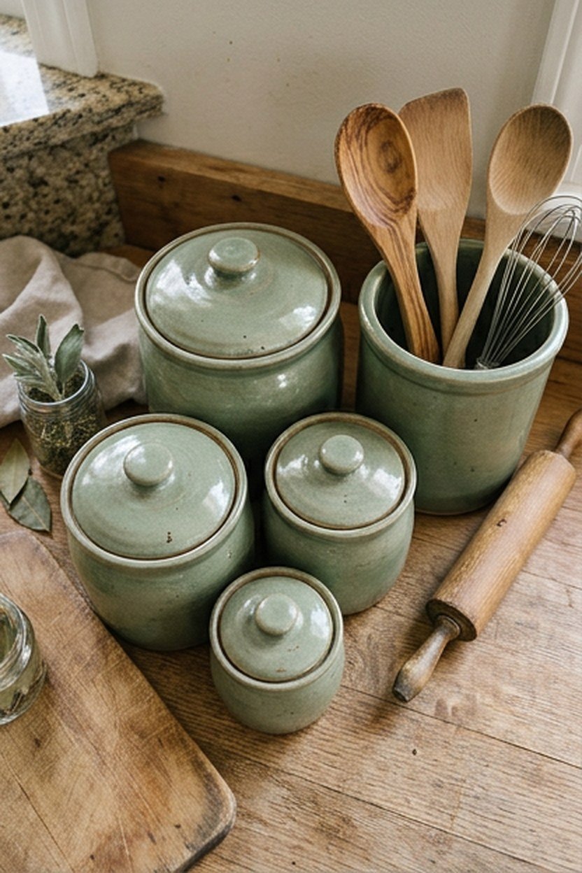 Sage green ceramic accents including a utensil crock and canisters